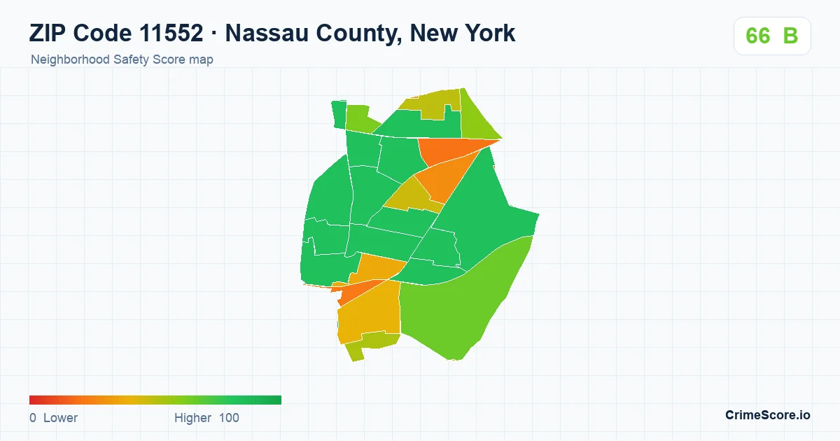 ZIP Code 11552 in Nassau County, New York neighborhood Safety Score map