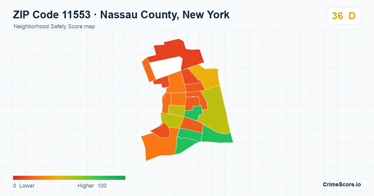 ZIP Code 11553 in Nassau County, New York neighborhood Safety Score map