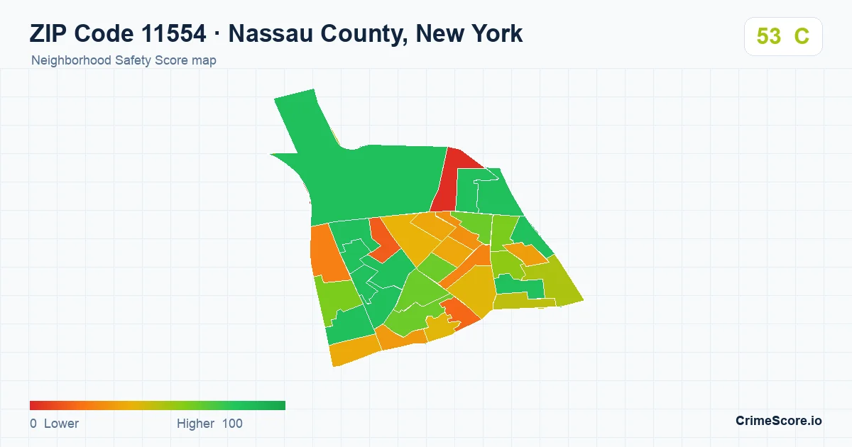 ZIP Code 11554 in Nassau County, New York neighborhood Safety Score map