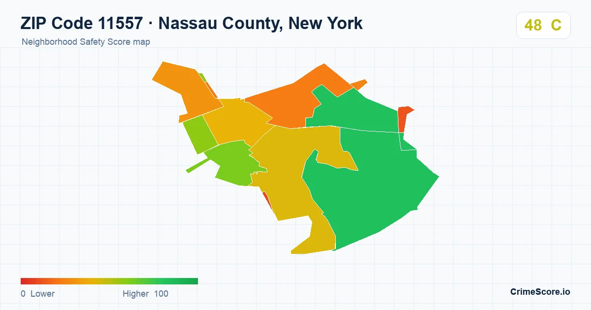ZIP Code 11557 in Nassau County, New York neighborhood Safety Score map