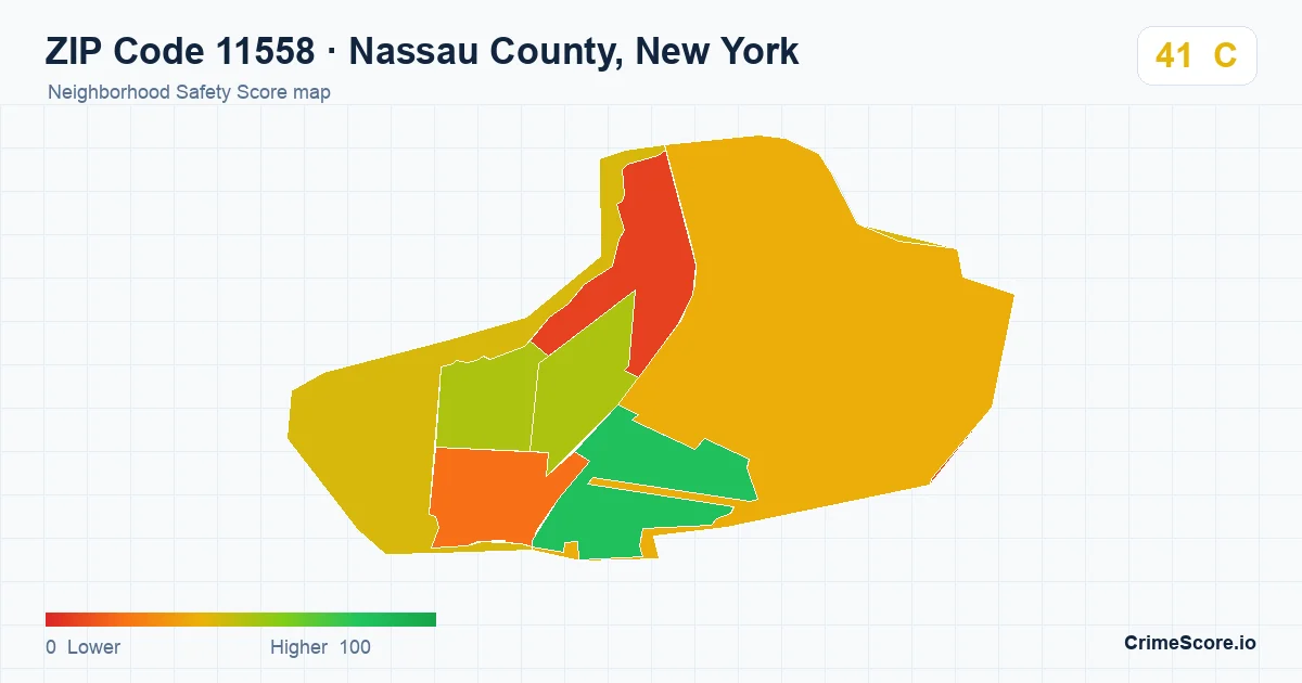 ZIP Code 11558 in Nassau County, New York neighborhood Safety Score map