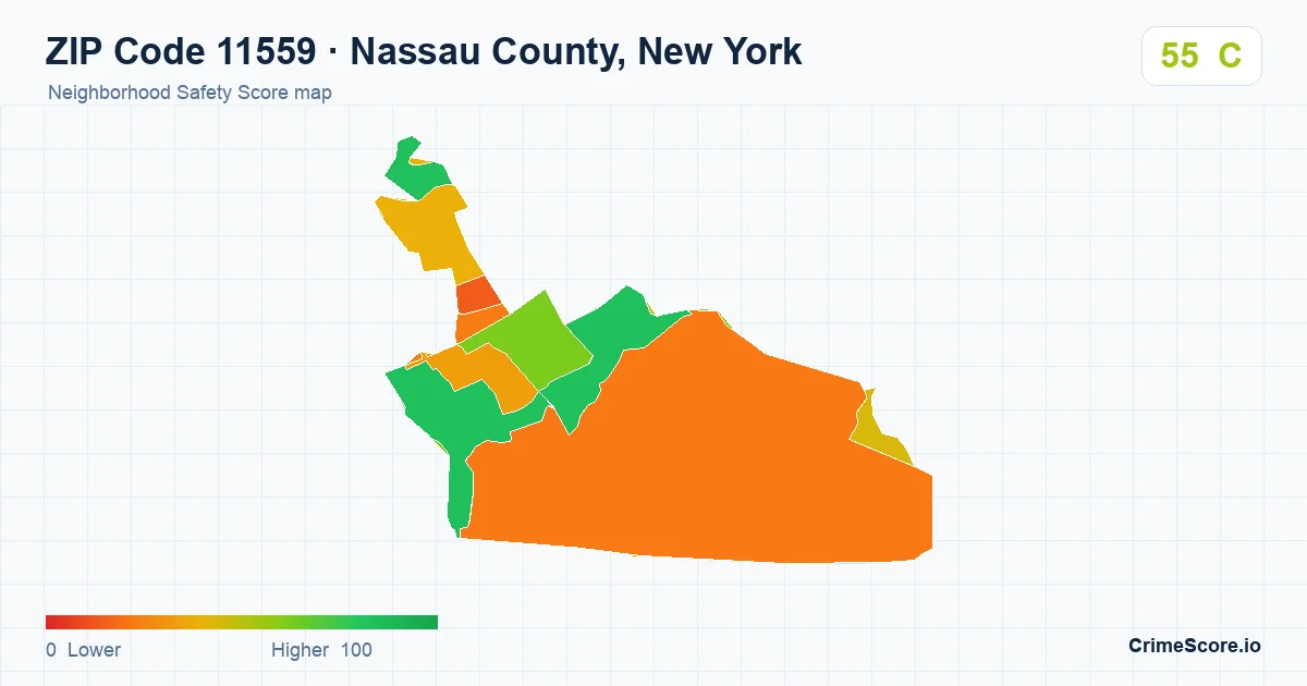 ZIP Code 11559 in Nassau County, New York neighborhood Safety Score map