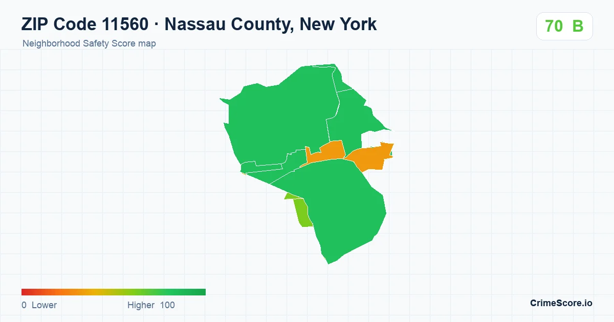 ZIP Code 11560 in Nassau County, New York neighborhood Safety Score map