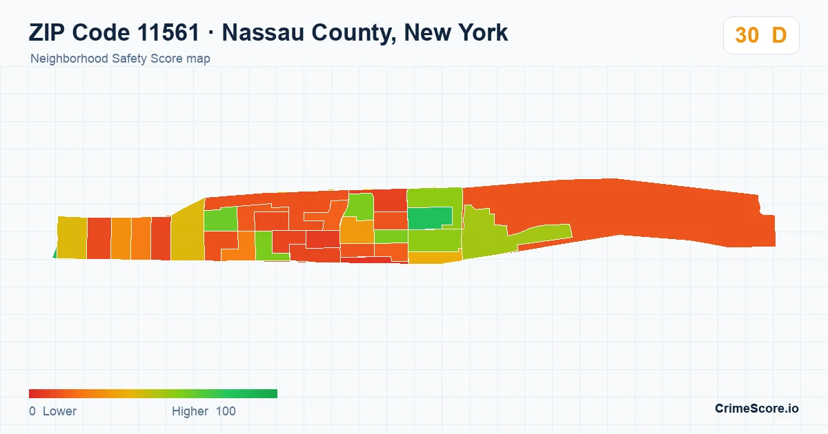 ZIP Code 11561 in Nassau County, New York neighborhood Safety Score map