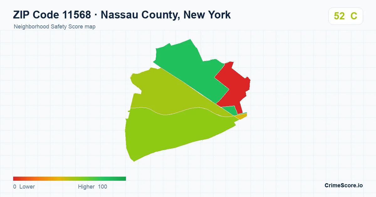 ZIP Code 11568 in Nassau County, New York neighborhood Safety Score map