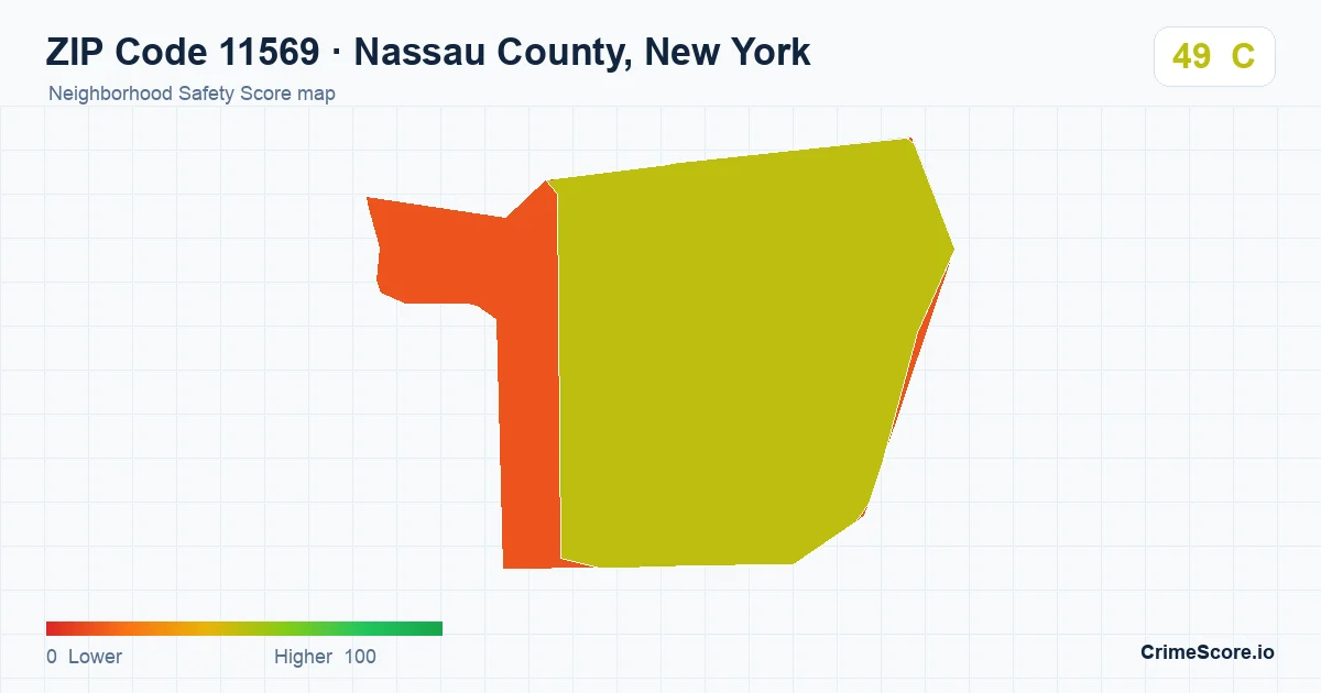 ZIP Code 11569 in Nassau County, New York neighborhood Safety Score map