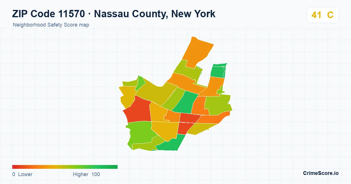 ZIP Code 11570 in Nassau County, New York neighborhood Safety Score map