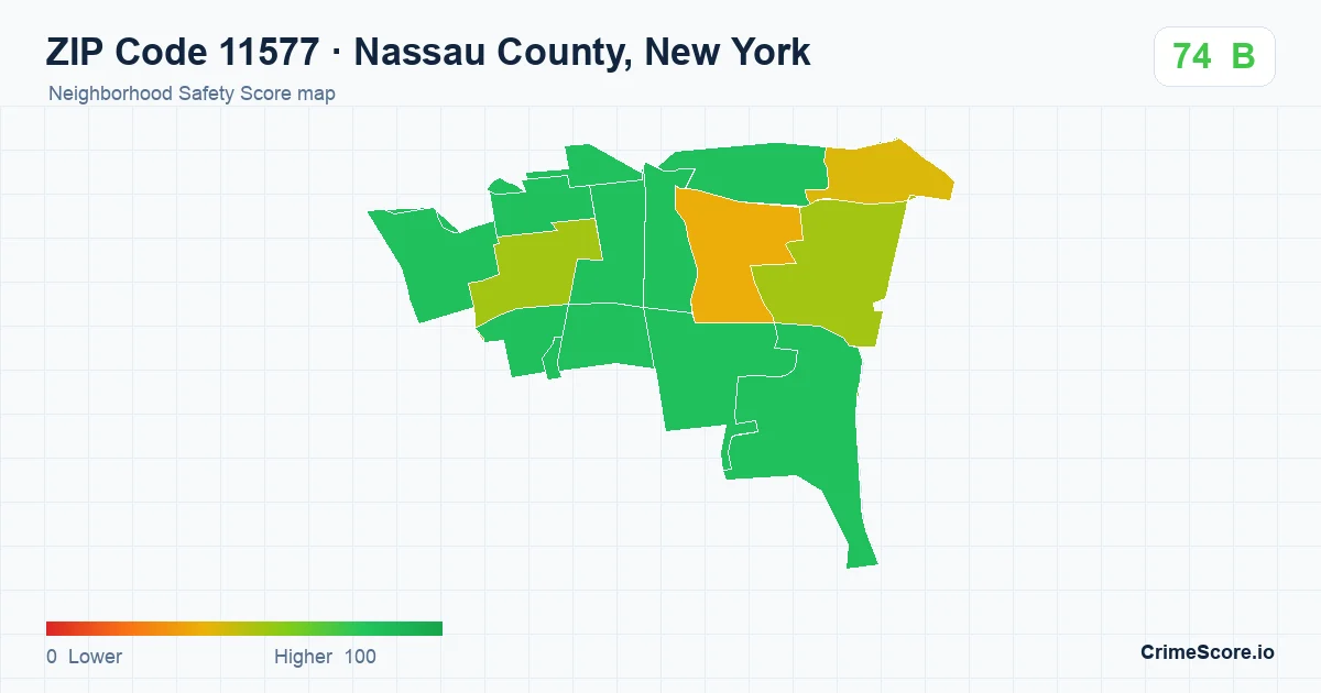 ZIP Code 11577 in Nassau County, New York neighborhood Safety Score map