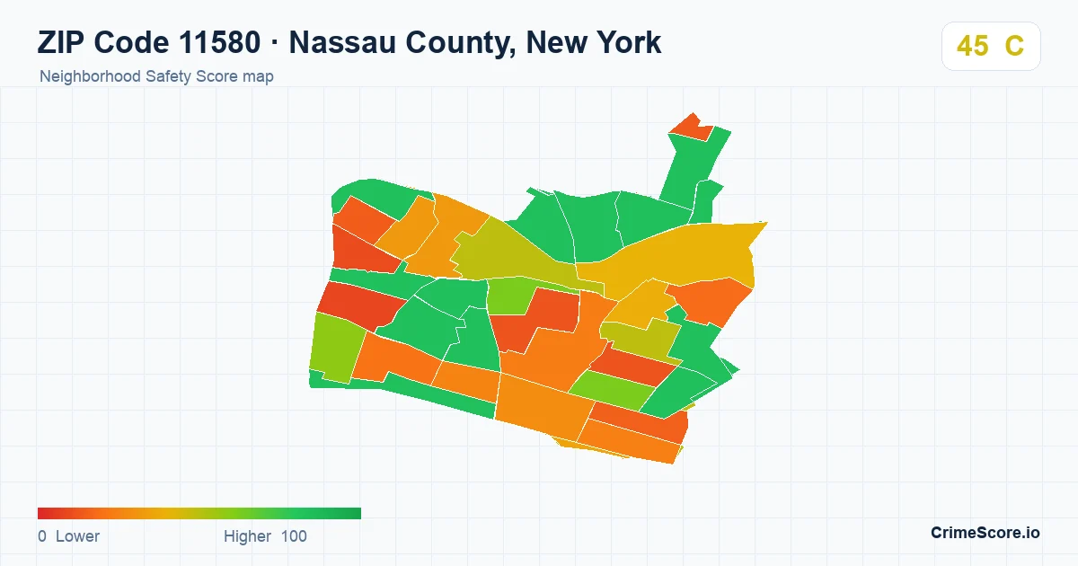 ZIP Code 11580 in Nassau County, New York neighborhood Safety Score map