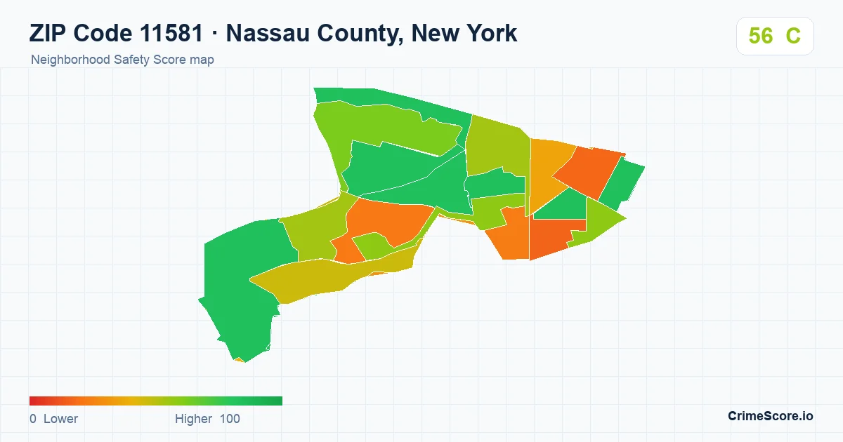 ZIP Code 11581 in Nassau County, New York neighborhood Safety Score map