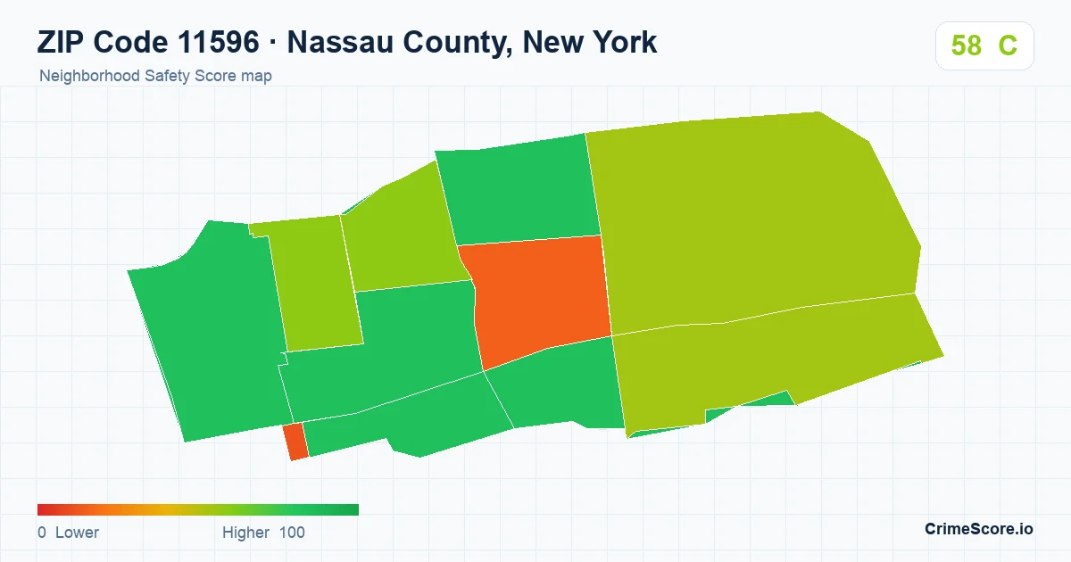 ZIP Code 11596 in Nassau County, New York neighborhood Safety Score map
