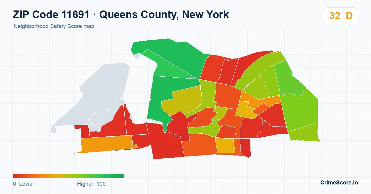 ZIP Code 11691 in Queens County, New York neighborhood Safety Score map