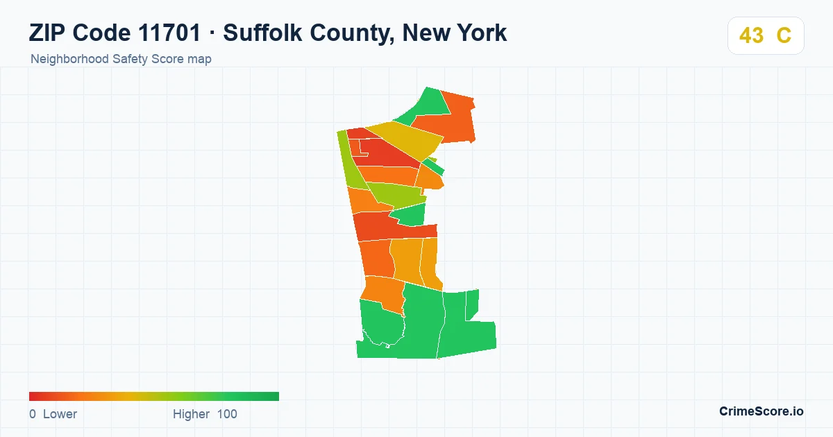 ZIP Code 11701 in Suffolk County, New York neighborhood Safety Score map