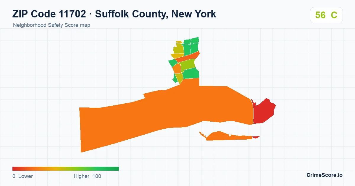 ZIP Code 11702 in Suffolk County, New York neighborhood Safety Score map