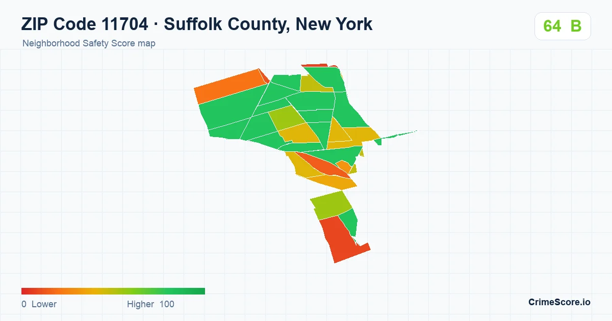 ZIP Code 11704 in Suffolk County, New York neighborhood Safety Score map
