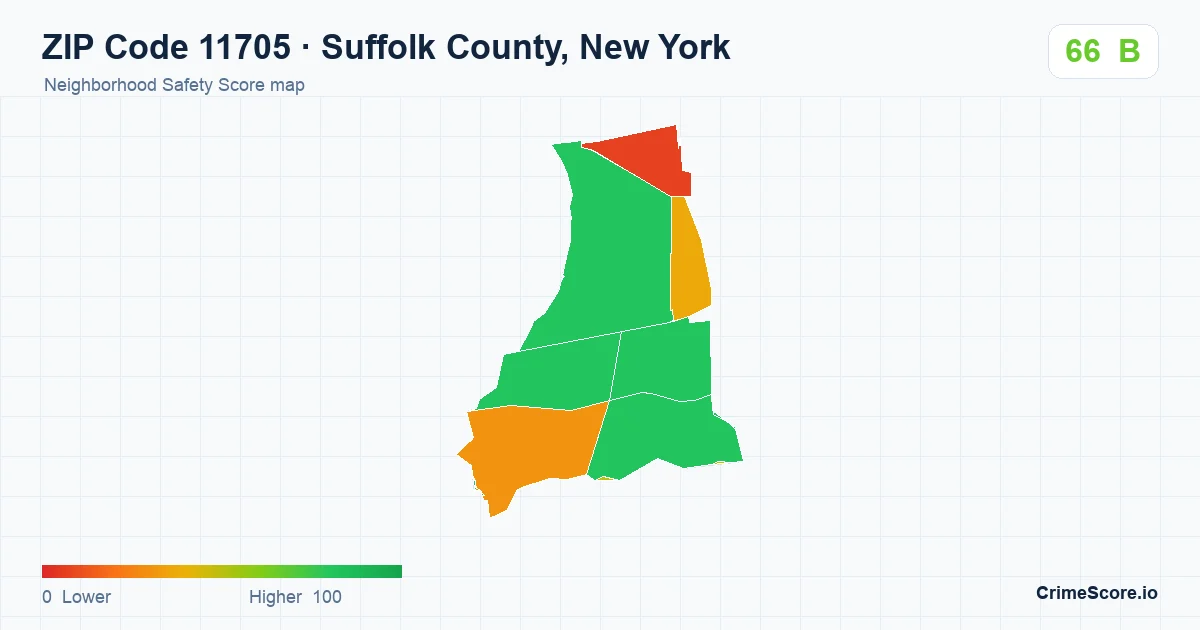 ZIP Code 11705 in Suffolk County, New York neighborhood Safety Score map