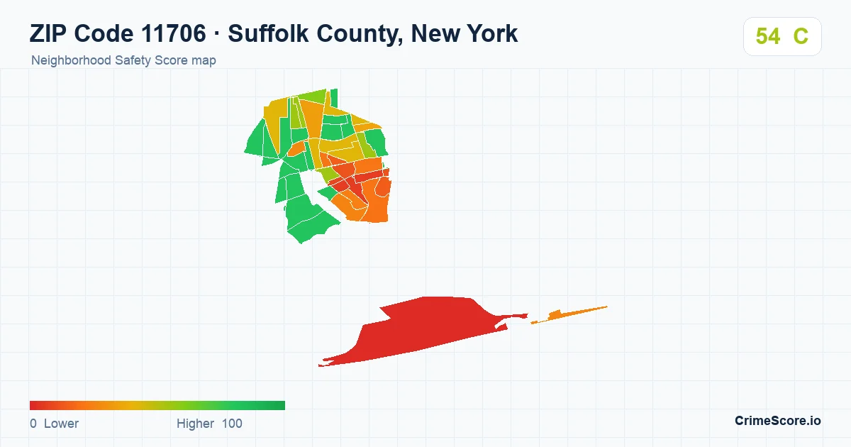 ZIP Code 11706 in Suffolk County, New York neighborhood Safety Score map