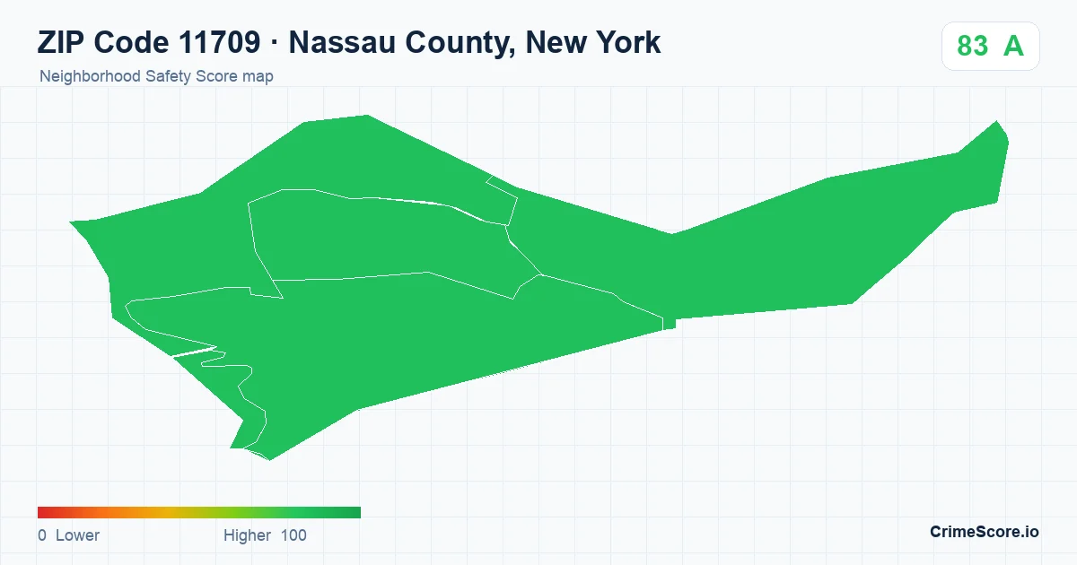ZIP Code 11709 in Nassau County, New York neighborhood Safety Score map