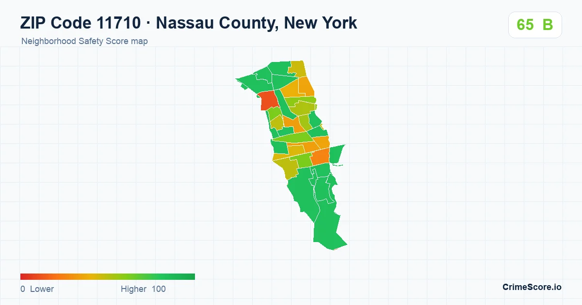 ZIP Code 11710 in Nassau County, New York neighborhood Safety Score map