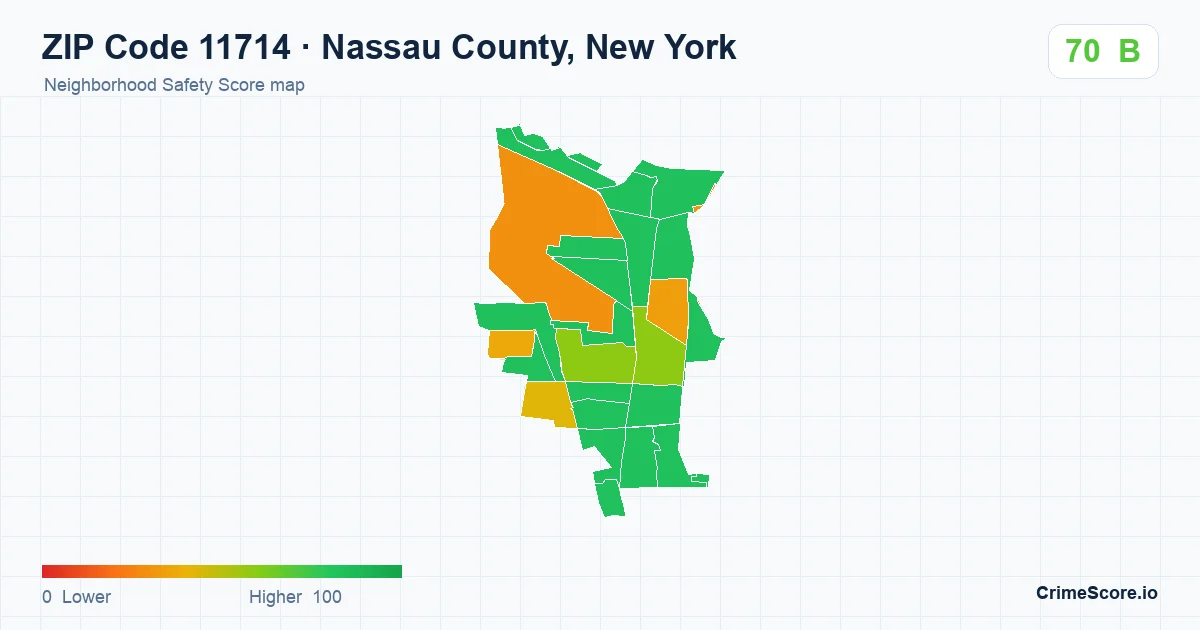 ZIP Code 11714 in Nassau County, New York neighborhood Safety Score map