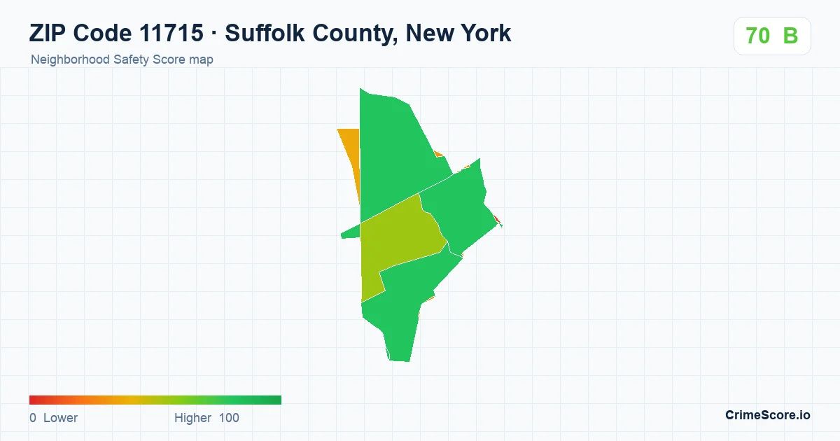 ZIP Code 11715 in Suffolk County, New York neighborhood Safety Score map