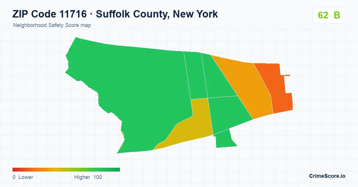 ZIP Code 11716 in Suffolk County, New York neighborhood Safety Score map