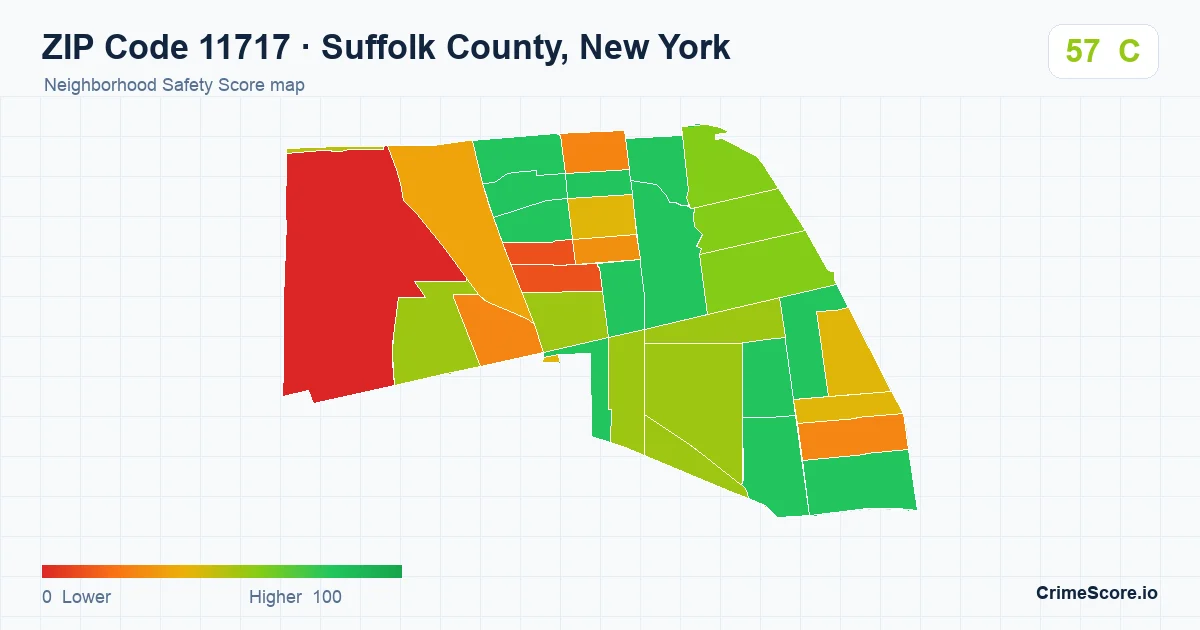 ZIP Code 11717 in Suffolk County, New York neighborhood Safety Score map