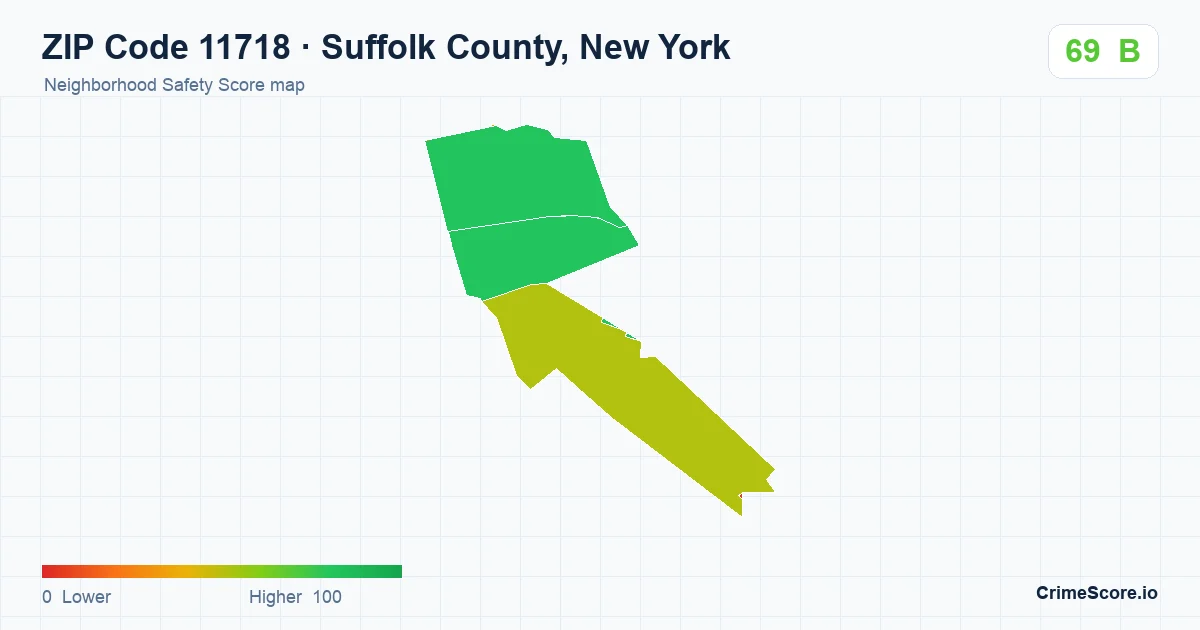 ZIP Code 11718 in Suffolk County, New York neighborhood Safety Score map