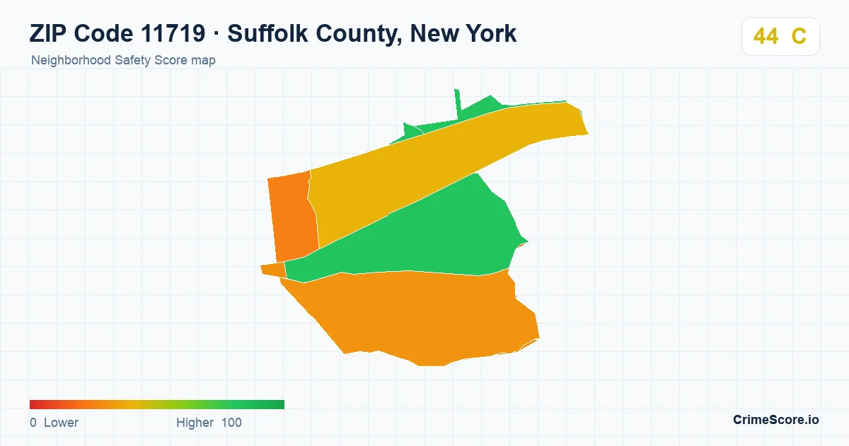 ZIP Code 11719 in Suffolk County, New York neighborhood Safety Score map