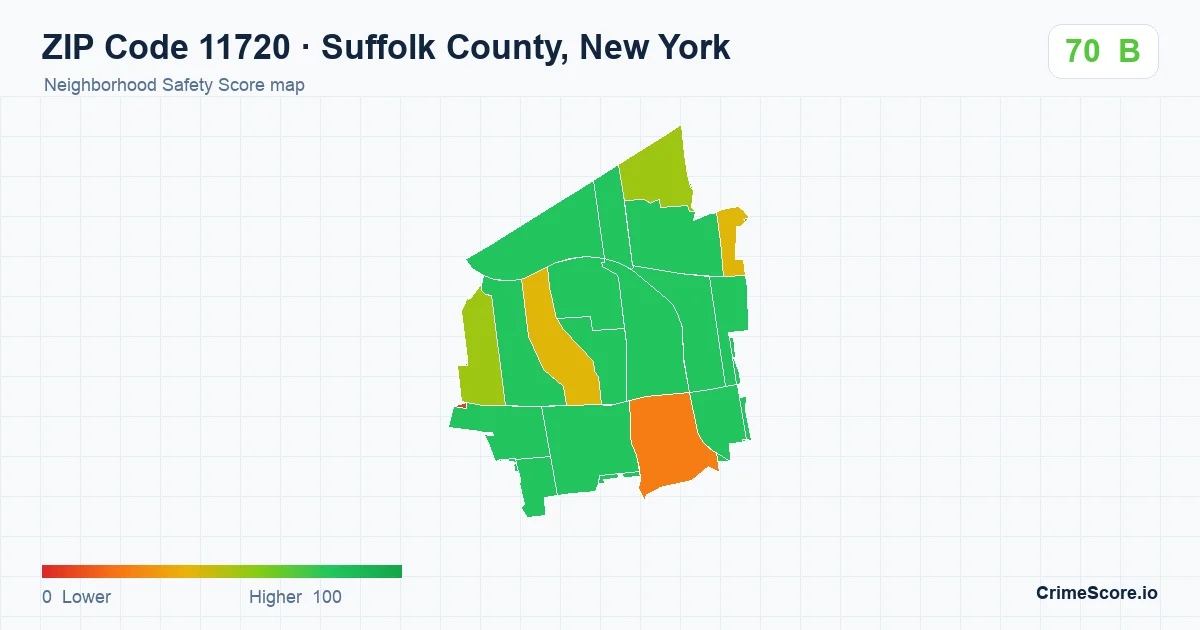 ZIP Code 11720 in Suffolk County, New York neighborhood Safety Score map