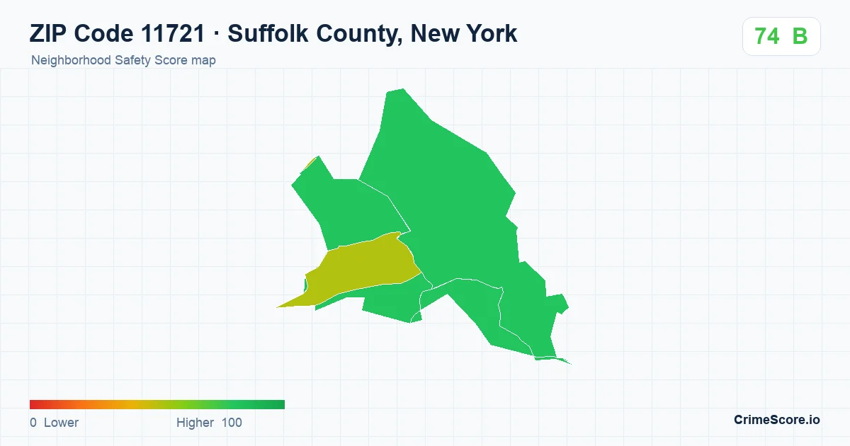 ZIP Code 11721 in Suffolk County, New York neighborhood Safety Score map