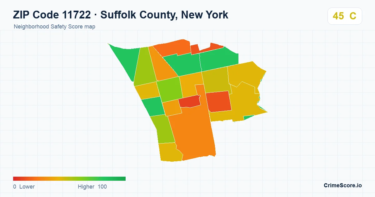 ZIP Code 11722 in Suffolk County, New York neighborhood Safety Score map