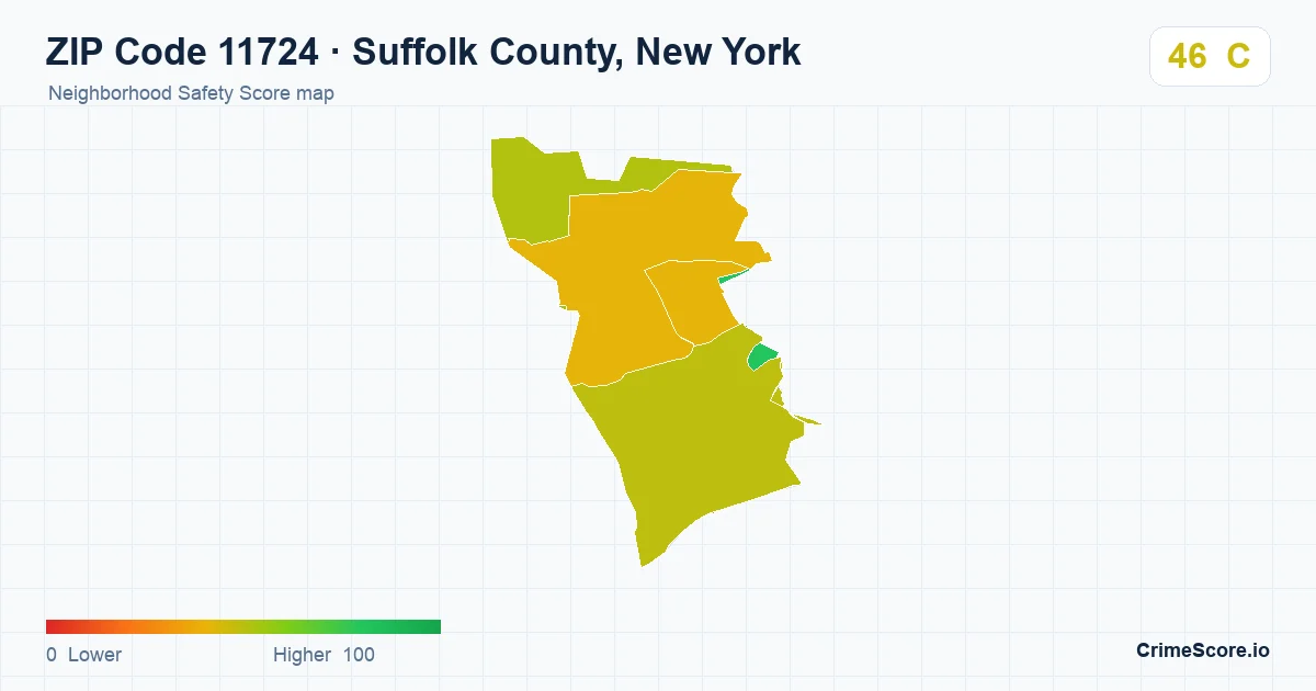 ZIP Code 11724 in Suffolk County, New York neighborhood Safety Score map