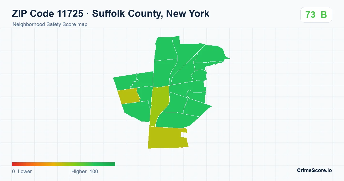 ZIP Code 11725 in Suffolk County, New York neighborhood Safety Score map