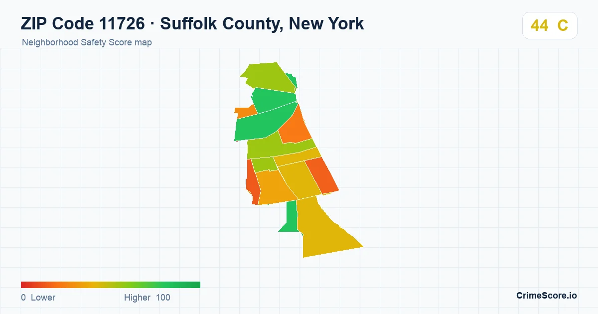 ZIP Code 11726 in Suffolk County, New York neighborhood Safety Score map