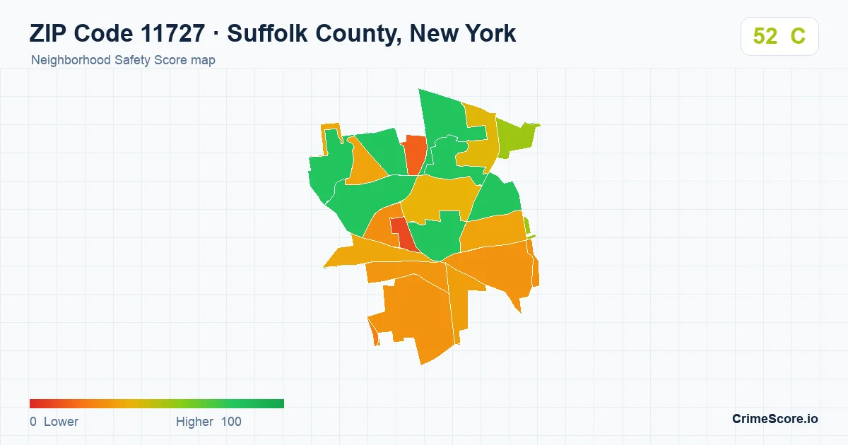 ZIP Code 11727 in Suffolk County, New York neighborhood Safety Score map