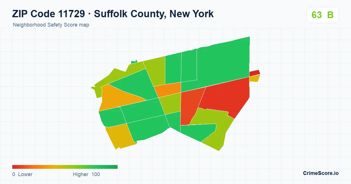 ZIP Code 11729 in Suffolk County, New York neighborhood Safety Score map