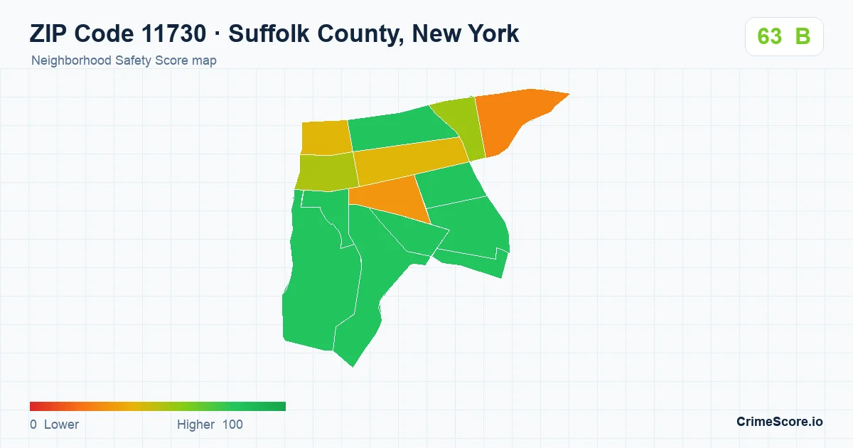 ZIP Code 11730 in Suffolk County, New York neighborhood Safety Score map