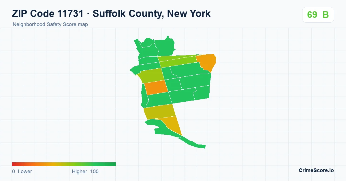 ZIP Code 11731 in Suffolk County, New York neighborhood Safety Score map