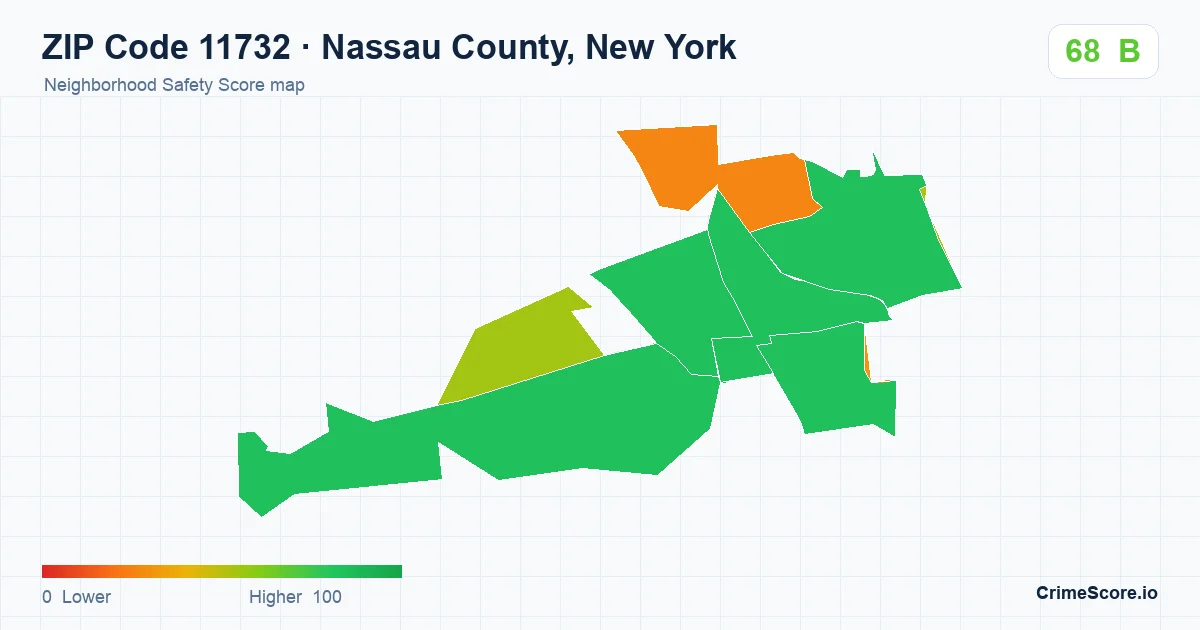 ZIP Code 11732 in Nassau County, New York neighborhood Safety Score map