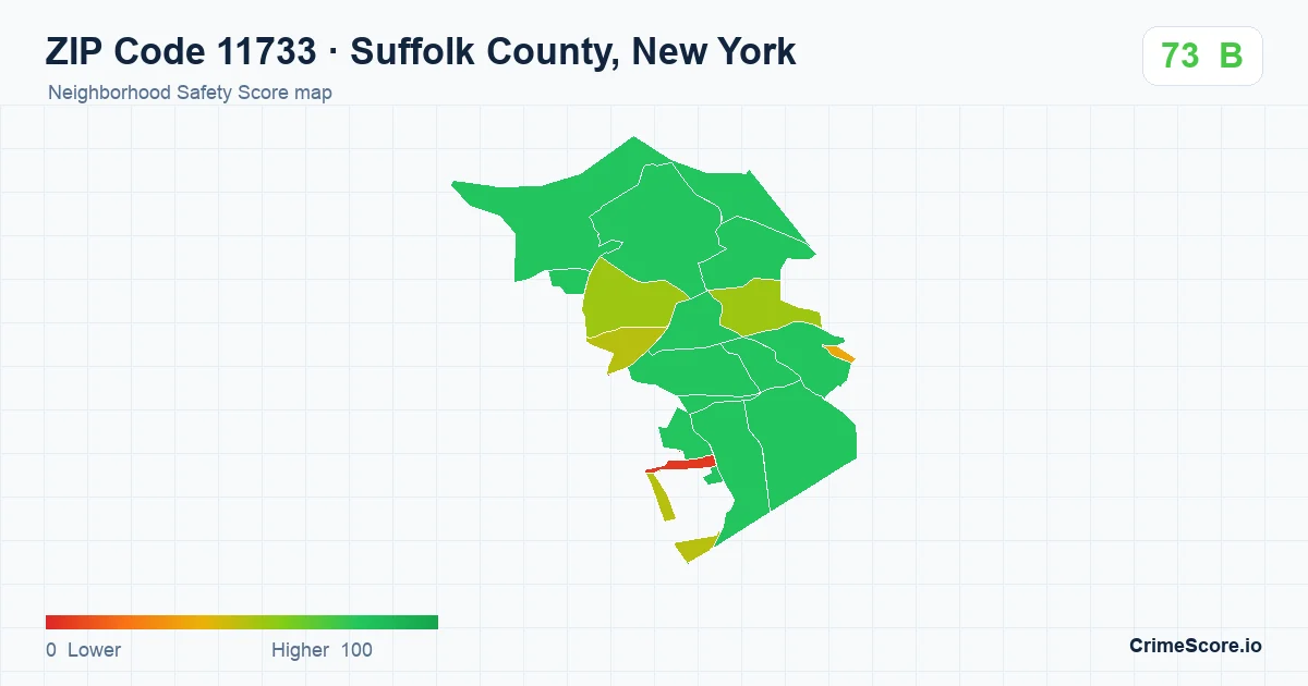 ZIP Code 11733 in Suffolk County, New York neighborhood Safety Score map
