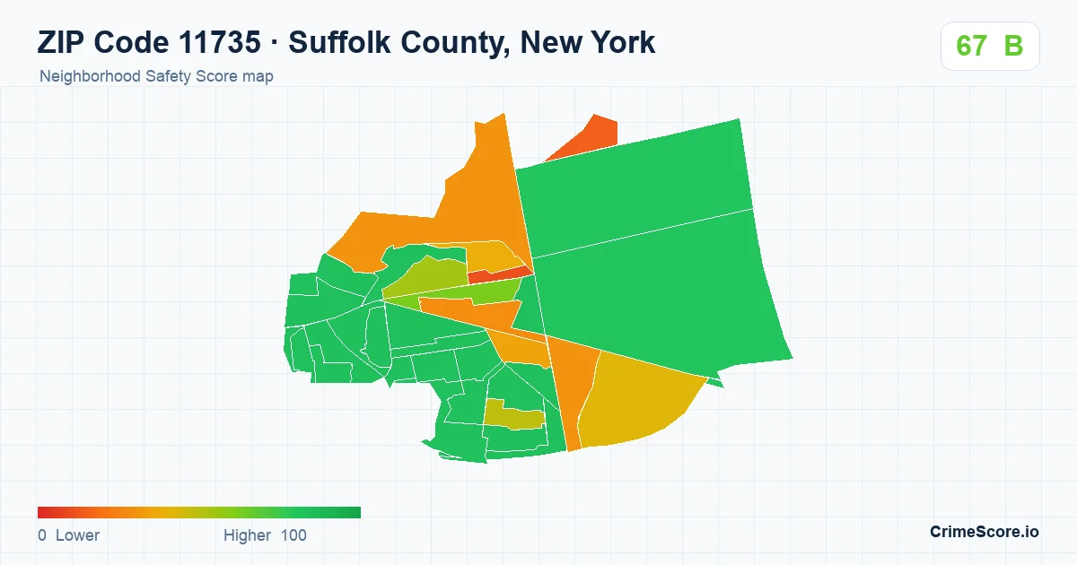 ZIP Code 11735 in Suffolk County, New York neighborhood Safety Score map