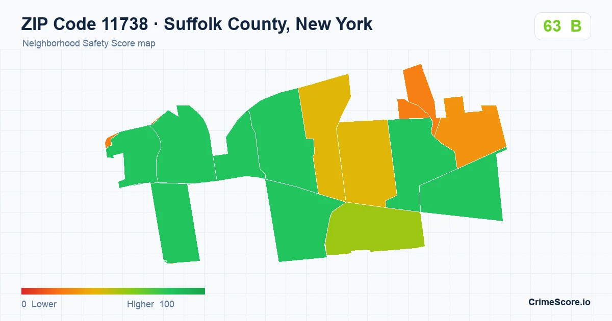 ZIP Code 11738 in Suffolk County, New York neighborhood Safety Score map