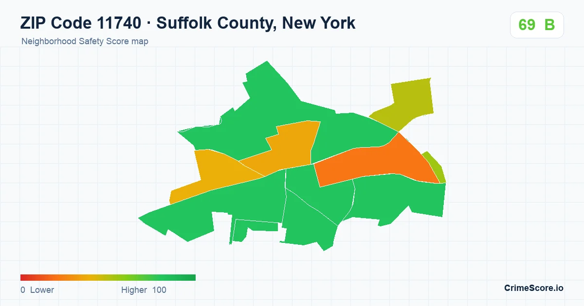 ZIP Code 11740 in Suffolk County, New York neighborhood Safety Score map