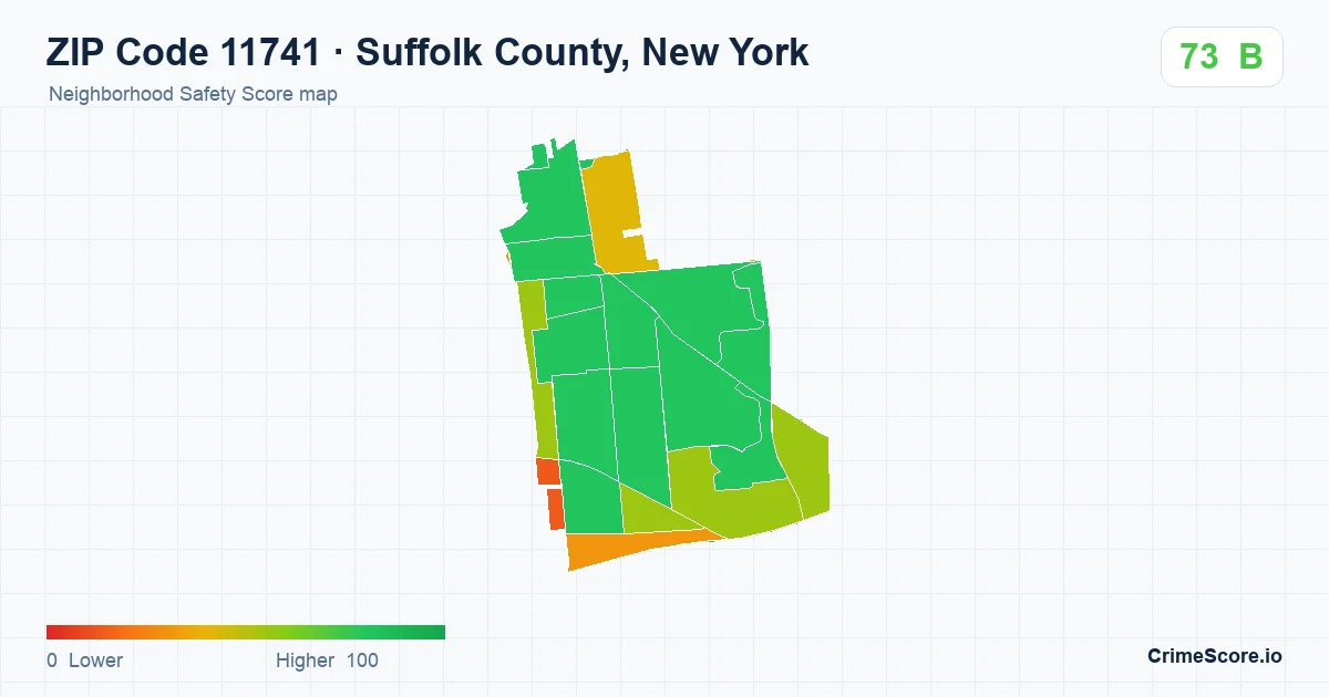 ZIP Code 11741 in Suffolk County, New York neighborhood Safety Score map
