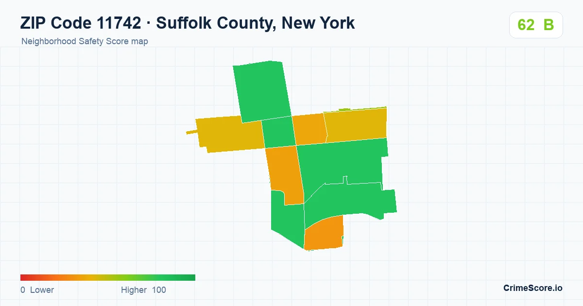 ZIP Code 11742 in Suffolk County, New York neighborhood Safety Score map