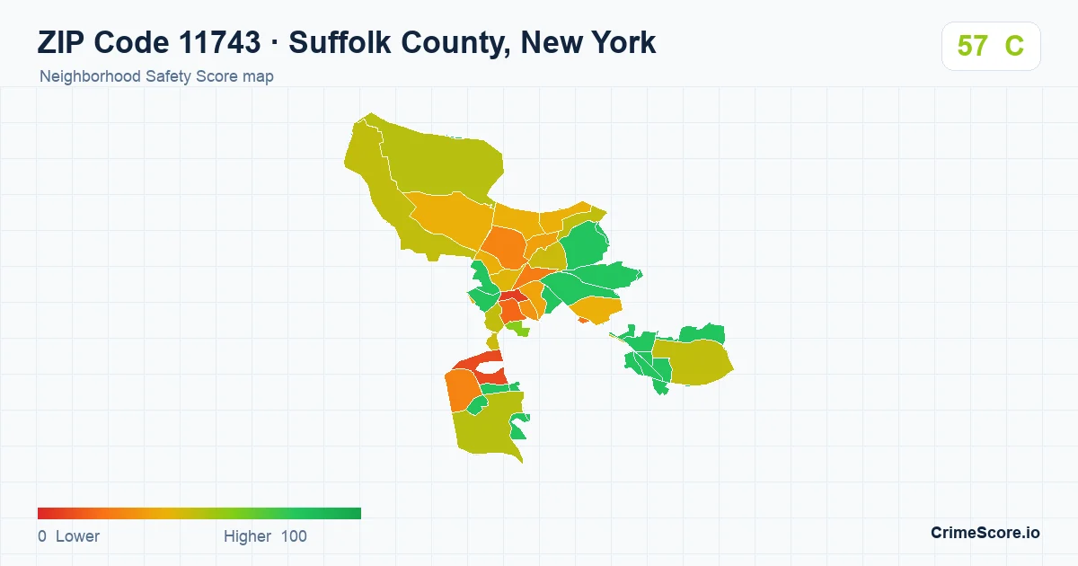 ZIP Code 11743 in Suffolk County, New York neighborhood Safety Score map