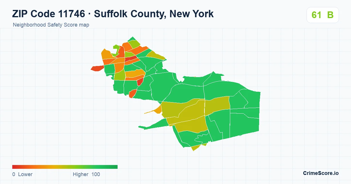 ZIP Code 11746 in Suffolk County, New York neighborhood Safety Score map