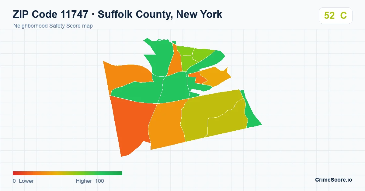 ZIP Code 11747 in Suffolk County, New York neighborhood Safety Score map