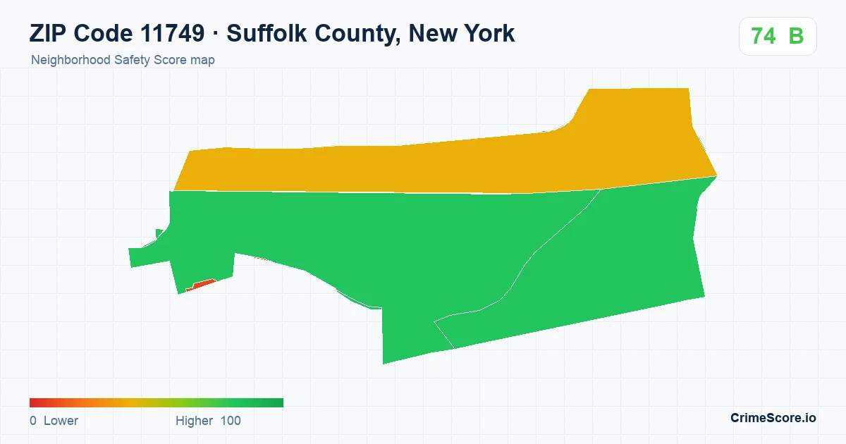 ZIP Code 11749 in Suffolk County, New York neighborhood Safety Score map